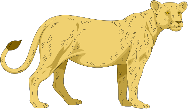 The image shows a cartoon of two lions standing side by side with their heads turned towards each other; there is no text present in this clip-art illustration.
