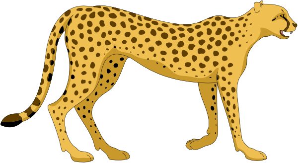 The image shows a cartoon depiction of an African cheetah standing upright on its hind legs with front paws raised as if it's waving at something off-camera to the left side of the frame, and there is no text present in this clip art illustration.