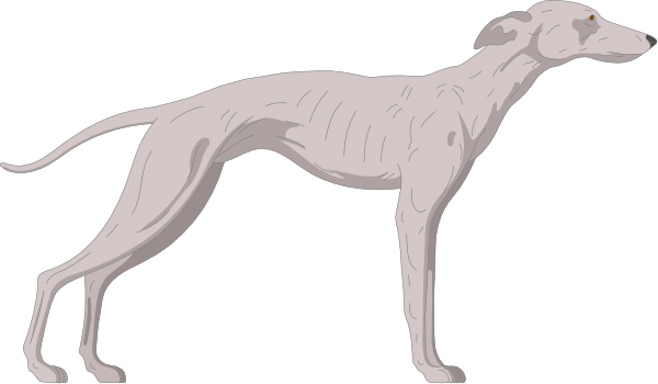 The black and white illustration shows a greyhound dog standing on its hind legs with front paws raised as if it's in mid-air action pose next to an anthropomorphic figure that appears humanoid but is stylized like a stick person, also depicted in grayscale.