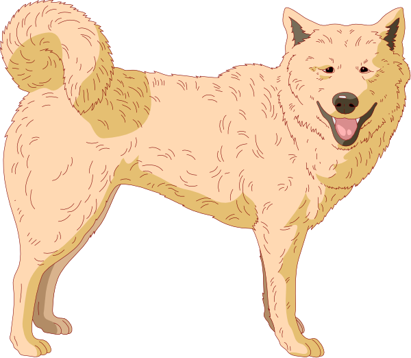 The image shows two animated dogs standing side by side against a black background; both have tan fur with darker markings on their faces and ears, one dog is larger than the other, displaying an exaggeratedly happy expression while looking to its left, whereas the smaller dog appears more neutral in demeanor.