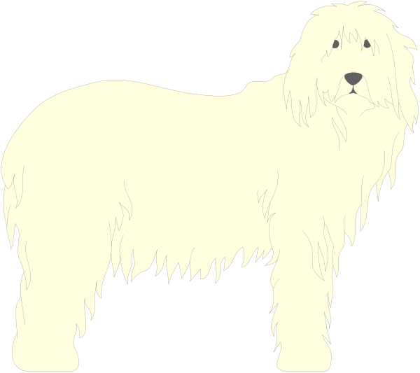 The black and white silhouette of a dog standing next to another similar looking dog with long fur on its back against a dark background.