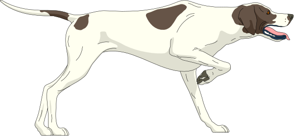 The image shows a black and white cartoon of two dogs running side by side with their tongues out; both have brown spots on them.
