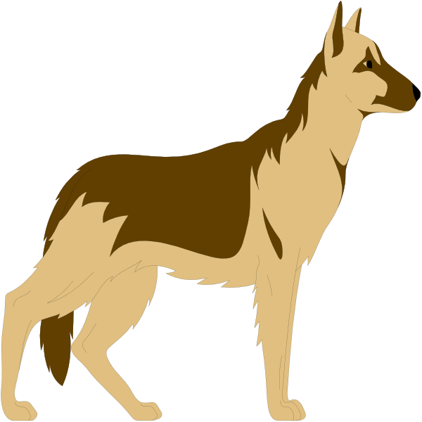 The image shows a German Shepherd dog standing next to an anthropomorphic wolf character that appears humanoid with two arms in front of it; both characters have brown fur on their bodies but different shades, and there is no background detail provided.