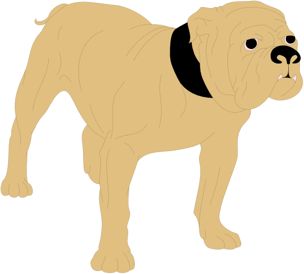 The image shows a cartoon of an English bulldog standing on its hind legs with front paws raised as if it's walking upright against a black background.