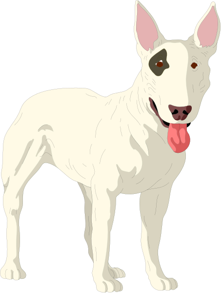 The image shows a white dog with black spots on its face standing upright against a dark background; it has an open mouth revealing pink tongue inside.