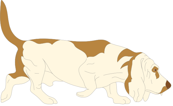 The black and white illustration shows two dogs: a large dog with its head down as if sniffing something on the ground next to another smaller brown and tan spotted dog standing upright looking at it from behind.