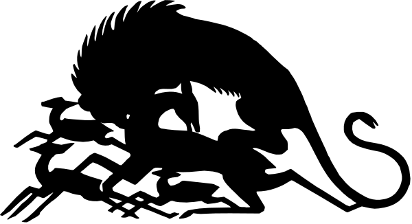 The black and white silhouette of a person riding on an animal's back with trees behind them.