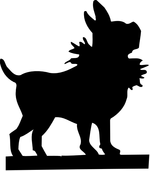 The black silhouette of a person standing on top of another figure that appears to be an animal with four legs against a white background in portrait orientation.