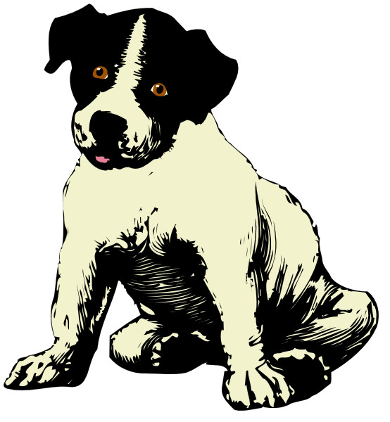 The image shows a black and white illustration of an adorable dog sitting on its hind legs with front paws extended forward as if it's begging for food or attention.