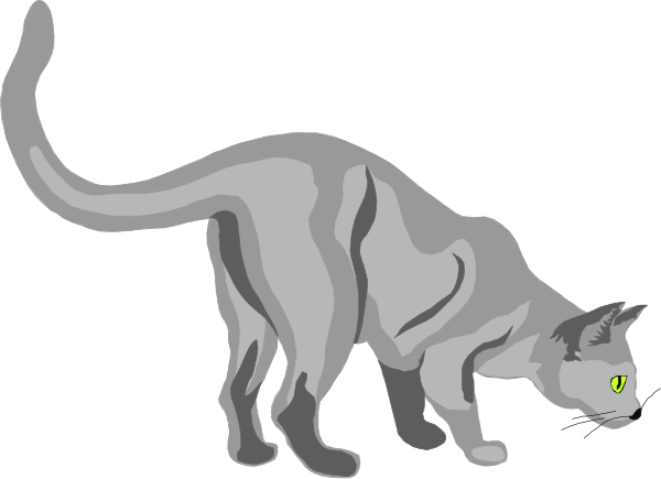 The image shows a gray cat standing on its hind legs with glowing eyes against a black background.