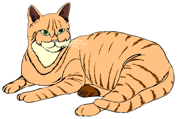 The image shows a cartoon of an orange tabby cat sitting on its hind legs with front paws extended outward as if it's waving at something off-camera.