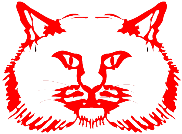 The image shows a red cat with glowing eyes against an orange background on what appears to be a banner or sign.