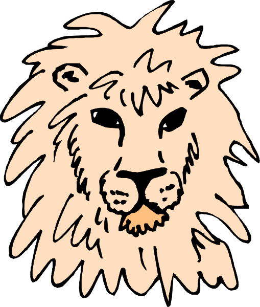 The image shows a cartoon lion's head with an open mouth revealing teeth against a black background.