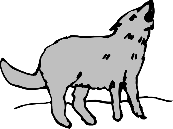 The black and white silhouette of a wolf standing on its hind legs with an open mouth next to another smaller figure that appears to be lying down in front of it.