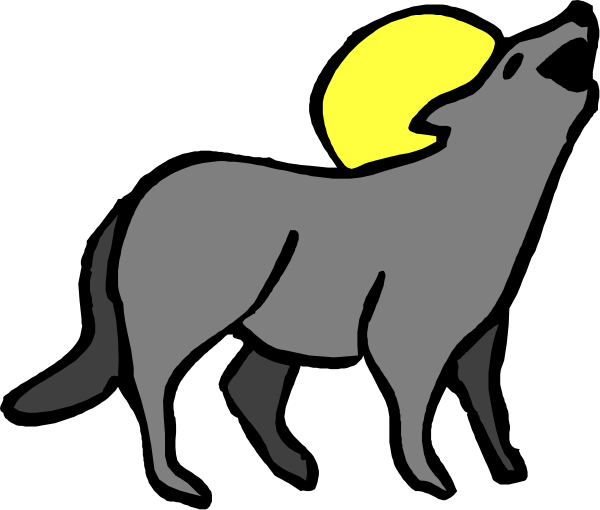 The black and white silhouette of a wolf howling at night with a full moon above it against a dark sky background.