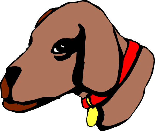 The image shows a cartoon of an adult dog with its head turned to look at something off camera while wearing what appears to be a red collar around its neck.