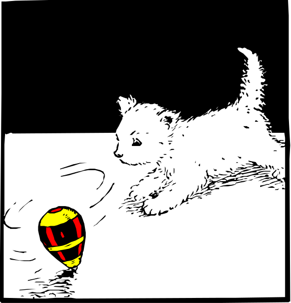 The comic strip shows a white cat playing with two balls of different sizes on what appears to be an indoor surface at nighttime; one ball is larger than the other but both have red stripes around them.