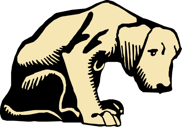 The black and white illustration shows a dog lying on its side with an expression of sadness next to what appears to be a small human figure standing upright beside it; both figures have their heads turned towards each other, suggesting interaction between them in this stylized scene that could represent companionship or empathy.