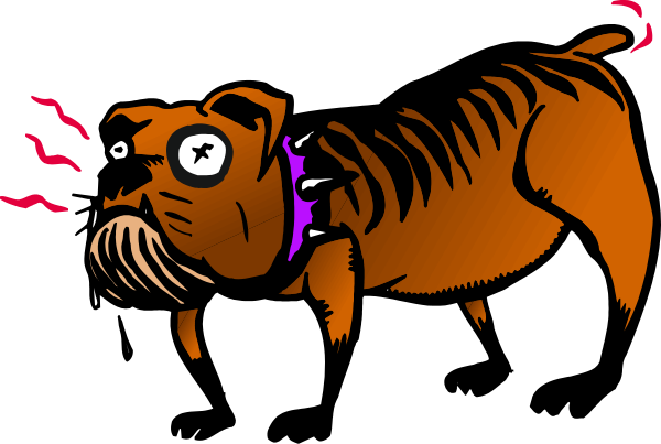 The image shows a cartoon of an orange dog with purple hair around its neck standing on two legs against a black background; it has big eyes looking upwards towards something above itself that is out of frame.