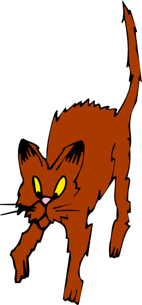 The image shows a cartoon cat with glowing eyes standing on its hind legs against an open door frame.