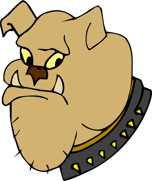 The image shows a cartoon dog's head with an angry expression on its face against a black background.