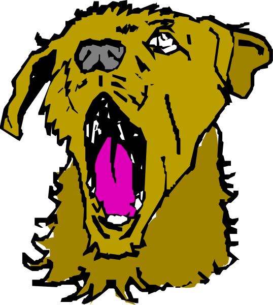 The image shows a cartoon of an open mouth dog with its tongue out against a black background.