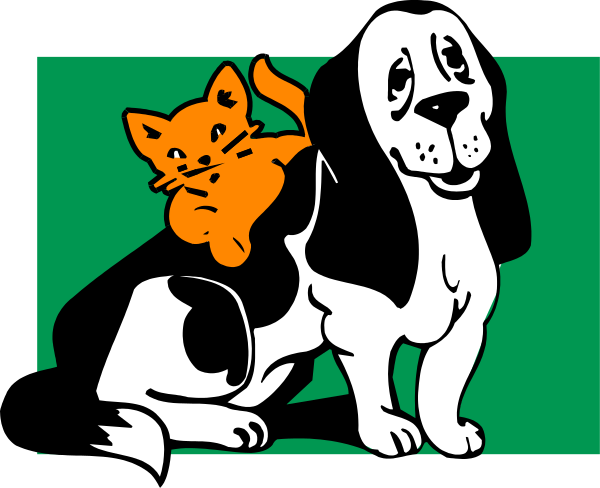 The image shows a cartoon of an orange cat sitting on top of a beagle dog with its tongue out; both characters appear to have human-like expressions.