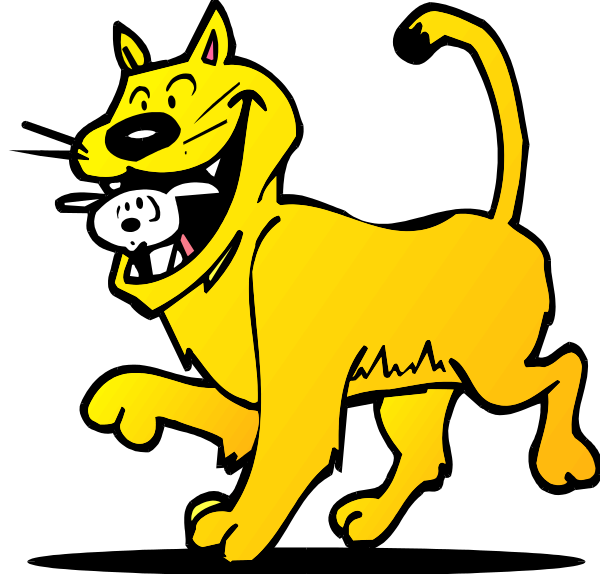 The cartoon depicts a yellow dog with an exaggerated smile running on all fours across what appears to be a black background.