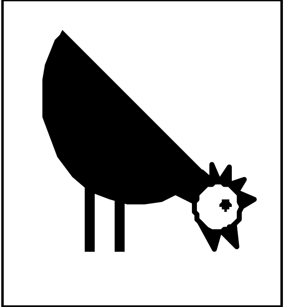 The image shows a black silhouette of an animal that resembles a chicken on top left corner with its head turned to look at something below it; next to this is another icon depicting what appears to be a bird's nest, possibly indicating eggs or poultry farming in the context provided by other elements.