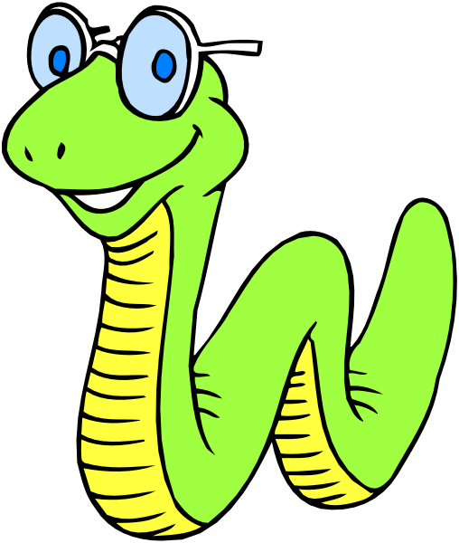 The cartoon features a green snake with glasses on its head standing upright against a black background.
