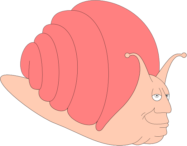 The image shows a cartoon snail with an exaggeratedly large shell that is pink inside and red outside, wearing glasses on its eyes, which has been digitally altered to appear as if it's looking at something off-camera while standing upright in what seems like a stylized outdoor setting.