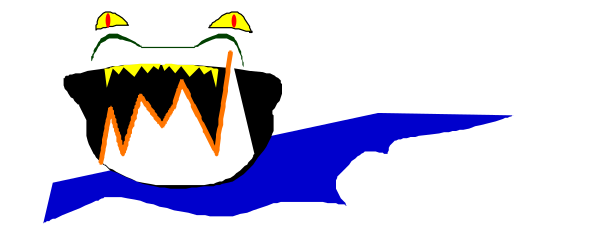 The image shows a cartoon alligator with an open mouth swimming through water under what appears to be night sky background.