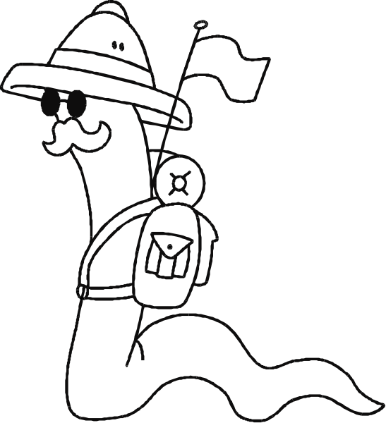 The black and white cartoon depicts a ghost with sunglasses carrying a backpack on its back while walking down what appears to be an outdoor pathway during daylight hours.