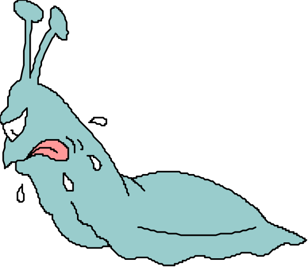 The cartoon shows a blue snail with sweat drops above its head running away from an angry face that is also depicted as a green slug in black-and-white.