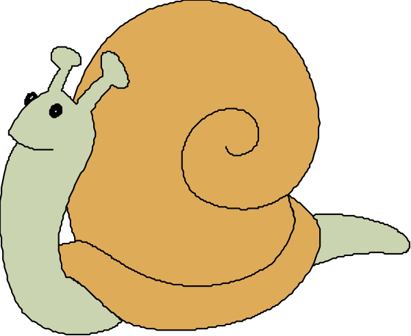 The image shows a cartoon of an orange snail with white spots on its shell moving across what appears to be grass in front of it.