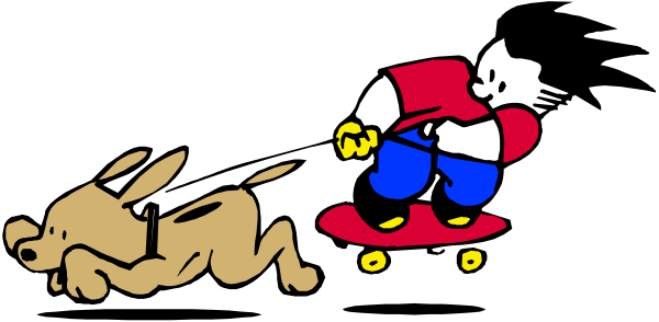 The image shows a cartoon of an animal on skis being chased by two dogs with different expressions; it's set against a black background.