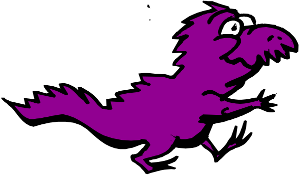The purple dragon with a surprised expression on its face flies through an unseen sky against a black background.