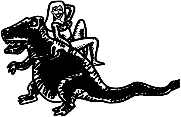 The black and white illustration shows a woman sitting on an alligator's back with her legs crossed atop it in what appears to be a jungle-like environment.