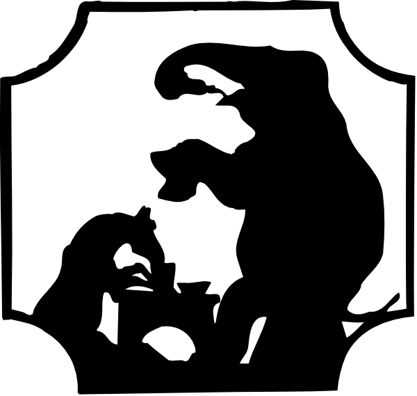 The black and white silhouette of a circus scene with performers on stage performing tricks for an audience; there is also a large elephant in mid-trick above them.