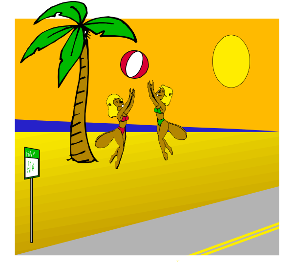 The illustration depicts two animated female characters playing beach volleyball on a sandy shore with palm trees under an orange sky at sunset; there is also a sign in front of them indicating "BEACH VOLLEYBALL" and it's located near a roadway, as suggested by the presence of traffic signs.