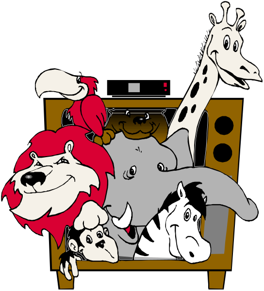 The cartoon depicts a group of animated characters sitting on top of an old television set with various animal heads peeking out from behind it; there's also a couch in front of them that has more character faces, and to their left is another piece of furniture resembling a chair or bench.