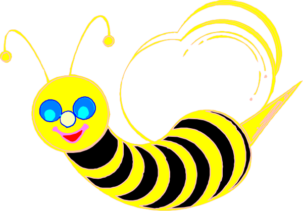 The image shows a cartoon bee with big eyes flying above some clouds against an overcast sky background.