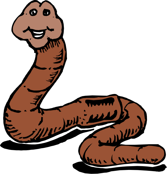 The image shows a cartoon of an earthworm with human facial features sitting upright on its tail end against a black background.