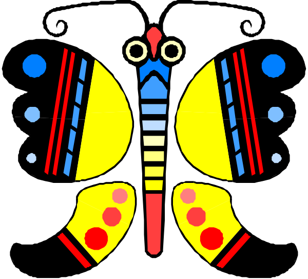The image shows a stylized butterfly with colorful patterns on its wings against a black background.