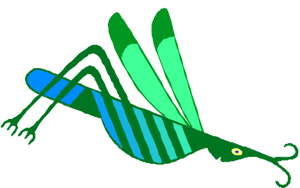 The image shows a green dragonfly with blue wings flying over an insect that resembles a grasshopper against a black background.