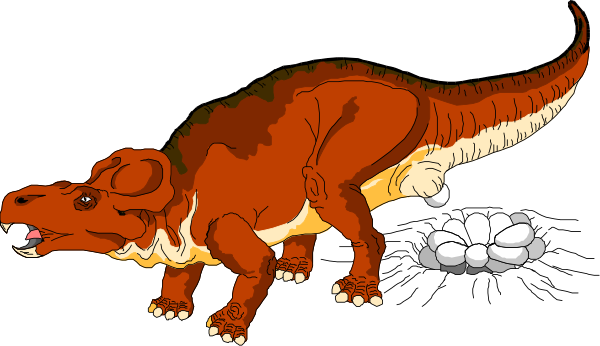 The black and white illustration shows two dinosaurs: a large red Tyrannosaurus Rex on its hind legs with an open mouth in motion to eat something small that is off-screen; next to it, there's another smaller raptor standing upright looking at the camera.