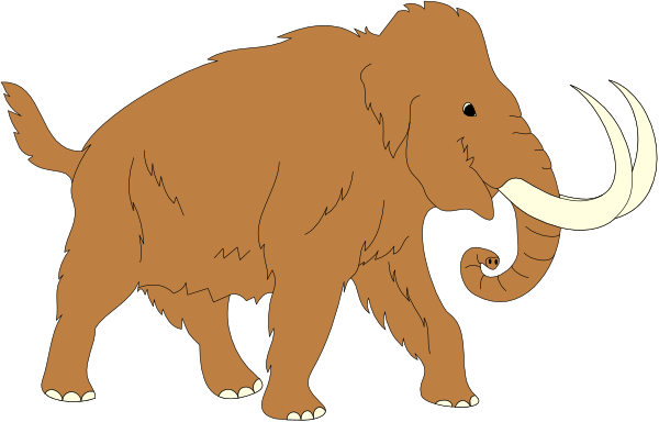 The image shows a cartoon of an elephant with tusks walking on two legs next to another animal that appears similar but is smaller in size; both creatures have large ears and trunks, suggesting they might be related species like mammoths or mastodons.