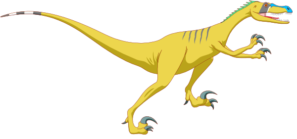 The image shows a cartoon dinosaur with four legs running on two hind ones while its front feet dangle behind it against a plain background.