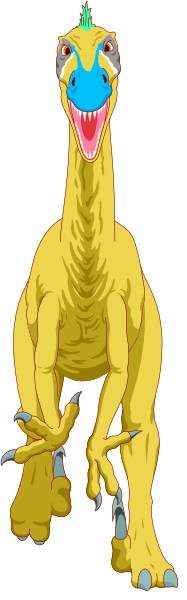 The image shows a yellow dinosaur with an open mouth standing against a gray background on what appears to be a digital display screen.