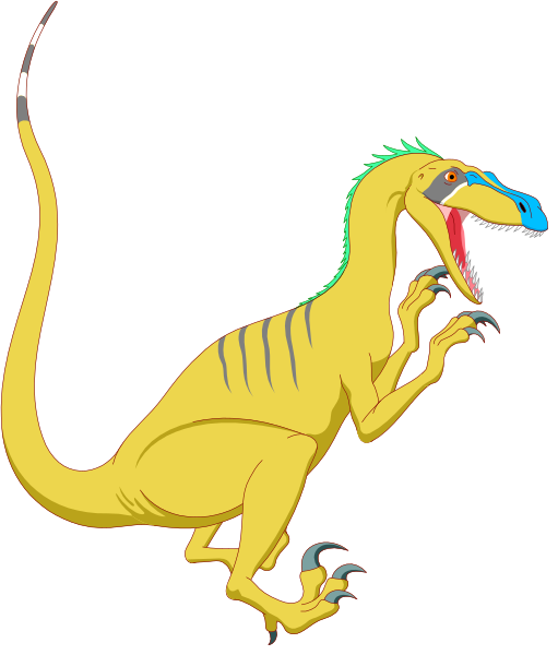 The image shows a cartoon dinosaur with green feathers on its head running to the right against a black background.